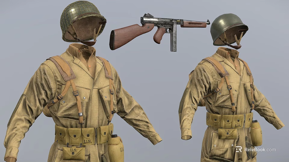 Man's Vintage Military Uniform With Helmet And Submachine Gun Gear 3d model 