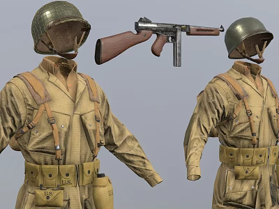 Man's Vintage Military Uniform With Helmet And Submachine Gun Gear 3d model