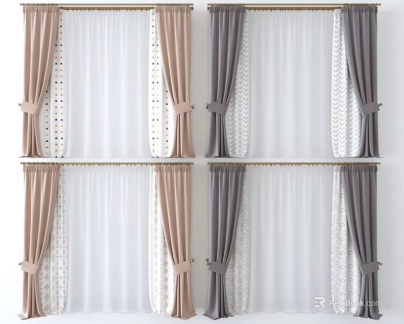 Beige And Gray Sheer Curtains With Bow Ties And Patterned Designs For Home Decor 3d model 