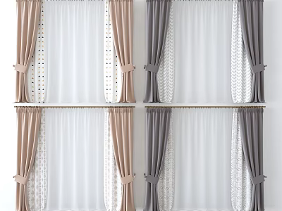 Beige And Gray Sheer Curtains With Bow Ties And Patterned Designs For Home Decor 3d model