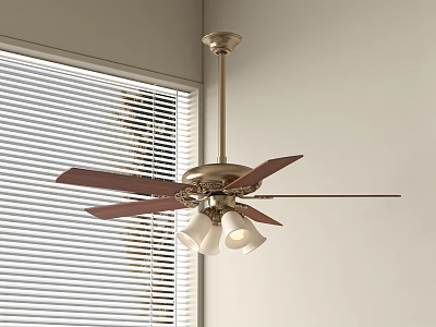 Classic Ceiling Fan With Light And Wooden Blades In Room With Window Blinds 3d model