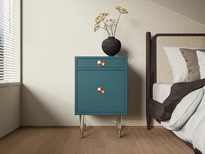 Blue Bedroom Side Table With Gold Handles Transparent Legs And Vase With Dried Flowers 3d model