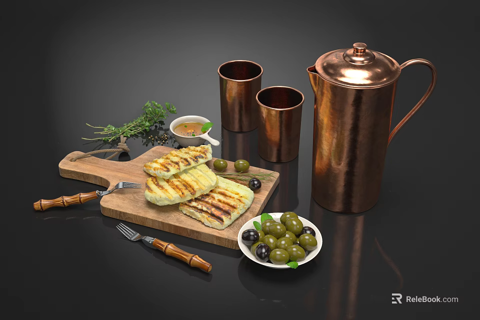 Delicious Grilled Food on Wooden Cutting Board with Green Olives Fresh Herbs and Copper Utensils 3d model 