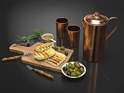 Delicious Grilled Food on Wooden Cutting Board with Green Olives Fresh Herbs and Copper Utensils 3d model