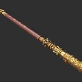 Golden Ornate Weapon With Carved Dragon Head Red Shaft And Intricate Traditional Patterns Inscriptions