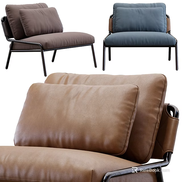 Comfortable Leather Leisure Chair With Brown Blue Cushion And Metal Frame 3d model 