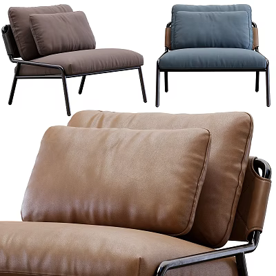 Comfortable Leather Leisure Chair With Brown Blue Cushion And Metal Frame 3d model
