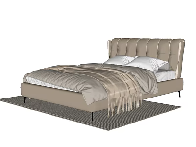 Beige Upholstered Double Bed With Fringe Blanket White Pillows Black Legs And Gray Rug 3d model