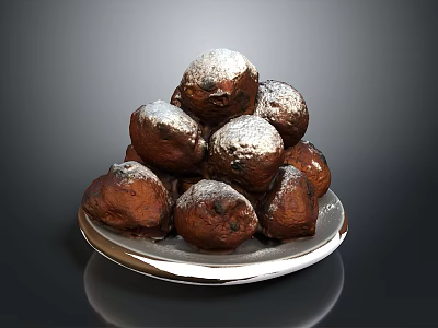 Stacked Golden Brown Fried Pastries Topped with Powdered Sugar on Silver Plate 3d model