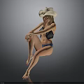 Cowboy Hat Black Top And Blue Bikini With Crossed Legs Sitting Pose On Gray Background