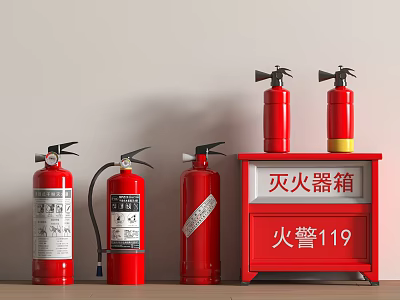 Red Fire Extinguishers And Safety Cabinet For Indoor Fire Equipment Setup 3d model