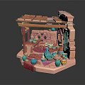 Cartoon Scene of Small Wooden Stall with Brick Decoration Colorful Pottery Jars and Red Carpet