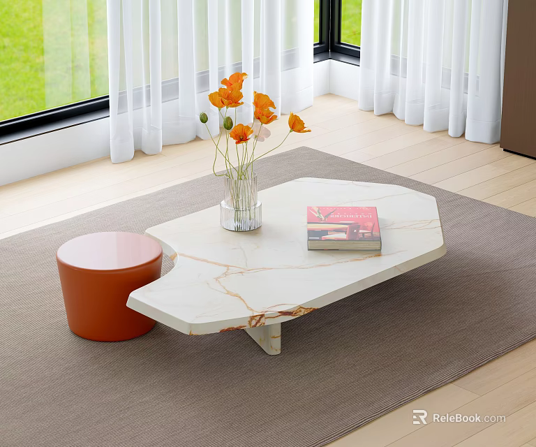 White Marble Coffee Table With Orange Flowers Vase Book And Orange Stool On Rug 3d model 
