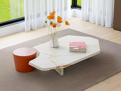 White Marble Coffee Table With Orange Flowers Vase Book And Orange Stool On Rug 3d model
