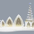 Elegant Modern Christmas Stage With Spiral Spire Arched Designs And Illuminated Lights
