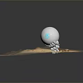 Game Movie Character With White Sphere Body Blue Screen Panel And Small Robot Structure On Sandy Rough Surface