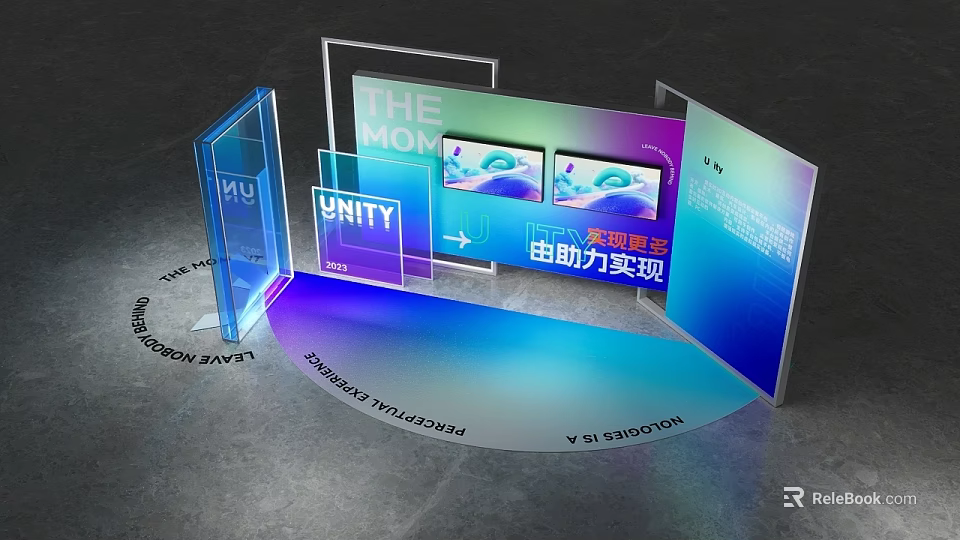 Modern Exhibition Display Installation With Double Screens Unity Moment Text And Gradient Panels 3d model 