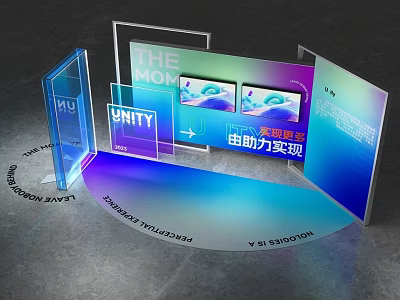 Modern Exhibition Display Installation With Double Screens Unity Moment Text And Gradient Panels 3d model