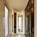 Elegant Modern Walk-in Closet Interior With Glass Doors Open Storage And Blinds