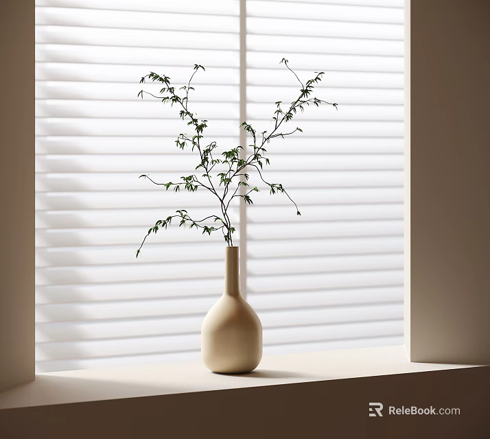 Beige Vase with Green Leafy Twigs on Sunlit Windowsill Against White Blinds 3d model 