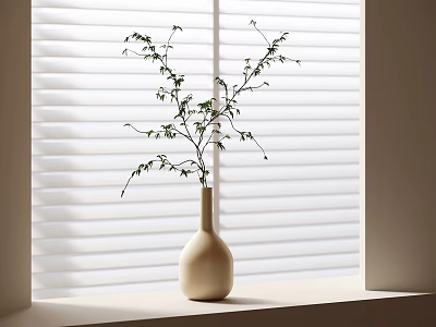 Beige Vase with Green Leafy Twigs on Sunlit Windowsill Against White Blinds 3d model