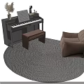 Instrument and Art Supplies Collection with Black Piano Music Sheet Microphone Vase and Gray Rug