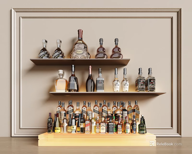 Assorted Liquor Bottles Display On Shelves Against Wall 3d model 