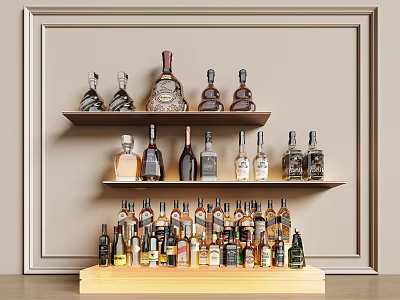 Assorted Liquor Bottles Display On Shelves Against Wall 3d model