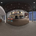 Modern Café Interior With Copper Counter Coffee Machines Display Shelves And Coffee Beans