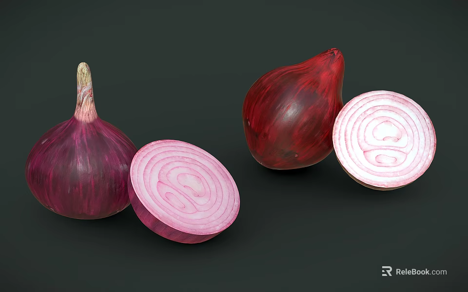 Fresh Organic Red Onions Whole and Sliced Display on Dark Background 3d model 