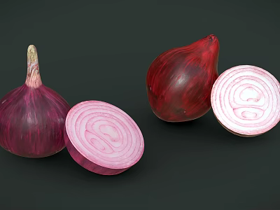 Fresh Organic Red Onions Whole and Sliced Display on Dark Background 3d model