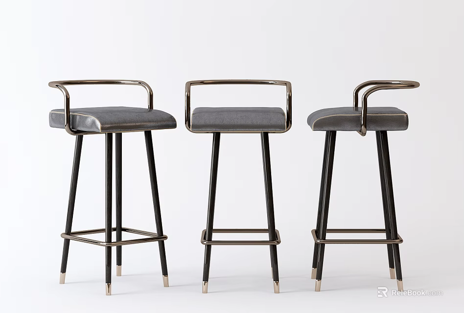 Three Modern Upholstered Bar Stools With Gray Cushion Metal Frame And Armrests 3d model 