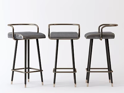 Three Modern Upholstered Bar Stools With Gray Cushion Metal Frame And Armrests 3d model