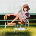 Young Girl Playing Tuba Sitting On Chairs With Green Shelves And Wooden Floor