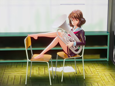 Young Girl Playing Tuba Sitting On Chairs With Green Shelves And Wooden Floor 3d model