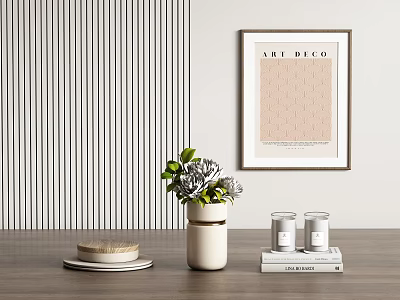 Modern Decorative Ornament Set With Vase Plants Book Candles And Art Print On Striped Wall 3d model