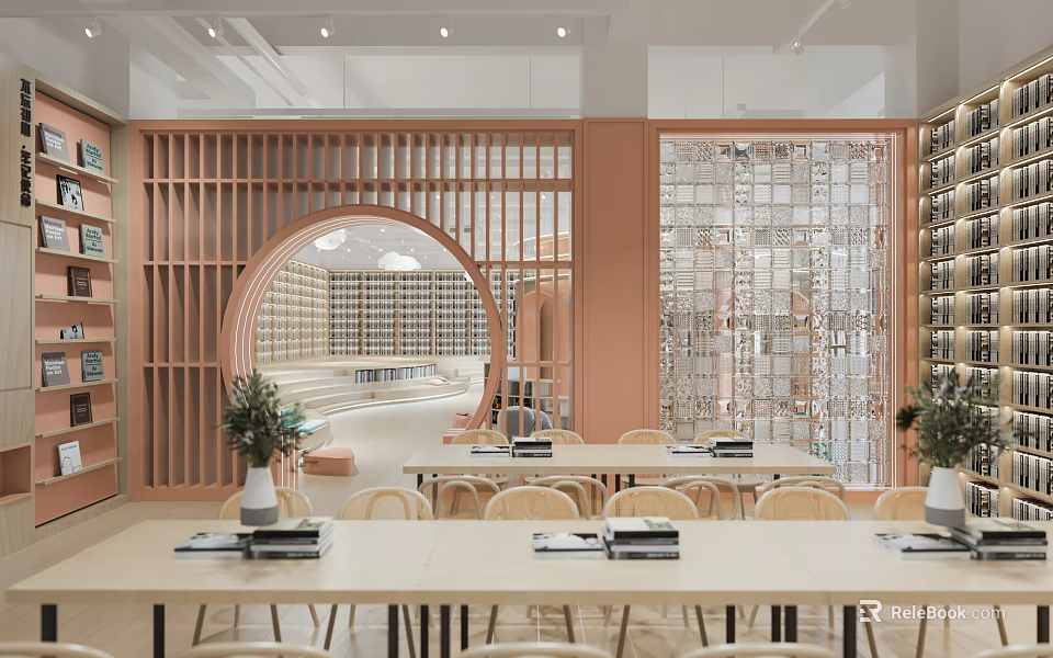 Book Art Themed Library Interior With Wooden Grille And Circular Arch 3d model 