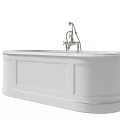 Freestanding White Bathtub with Elegant Metal Faucet and Smooth Marble Top Design