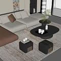Modern Beige And Brown Sectional Sofa With Black Round Coffee Table And Side Stools 3d model
