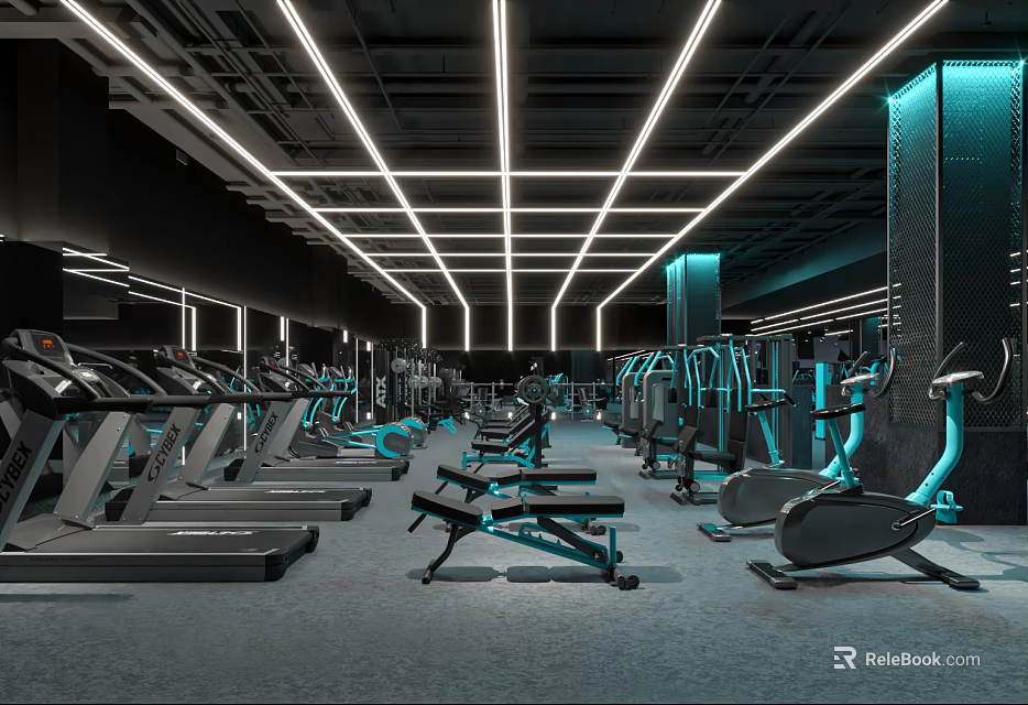 Modern Gym Interior With Various Fitness Equipment 3d model 