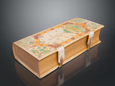 Vintage Wooden Storage Box With Colorful Decorative Patterns And White Handles 3d model