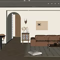 Modern Open Concept Living Dining Room With Brown Sofa Dining Table Art And Wooden Floor