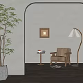 Cozy Leisure Chair in Light Colored Room with Archway Green Plant Floor Lamp and Wooden Floor