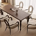 Modern Dining Table Set Rectangular Dark Wood With Six Light Upholstered Chairs And Floral Vase 3d model