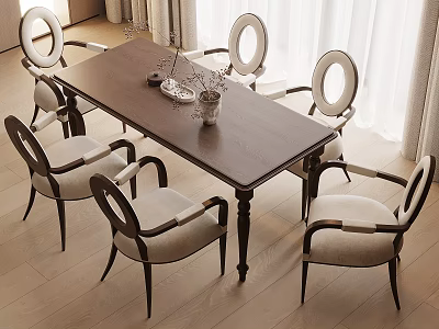 Modern Dining Table Set Rectangular Dark Wood With Six Light Upholstered Chairs And Floral Vase 3d model