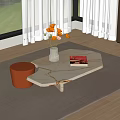 White Marble Coffee Table With Orange Flowers Vase Book And Orange Stool On Rug