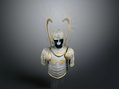 Intricate Silver Armor With Golden Decorations Horns And Wing Like Structures 3d model