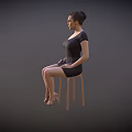 Woman Sitting On Wooden Stool Wearing Black Dress And High Heels Against Dark Background