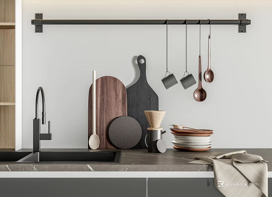 Modern Kitchen Counter With Hanging Metal Utensils Wooden Cutting Boards And Stacked Plates 3d model 