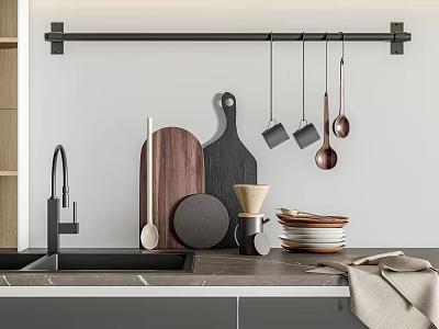 Modern Kitchen Counter With Hanging Metal Utensils Wooden Cutting Boards And Stacked Plates 3d model